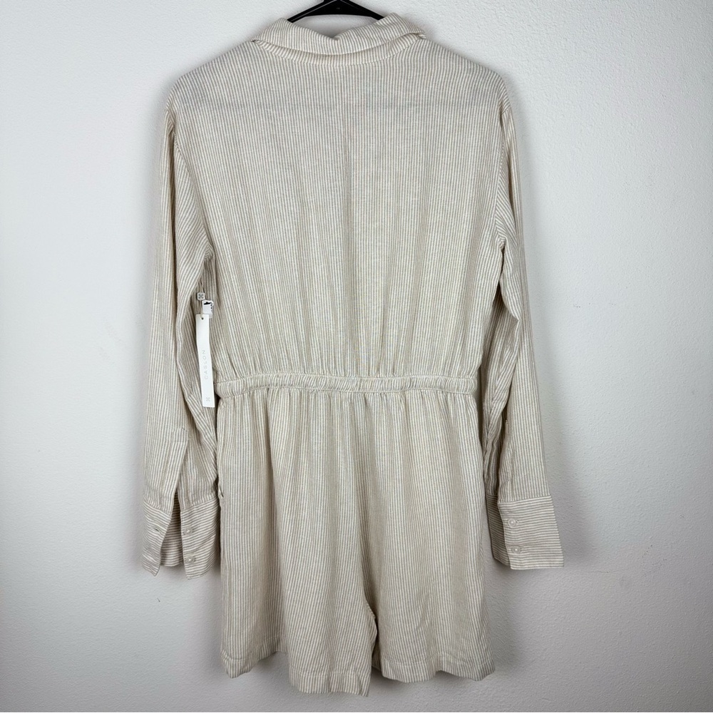 NWT Caslon Stripe Long Sleeve Linen Blend Romper Tan Safari - White Leah‎ Stripe - Picture 5 of 12